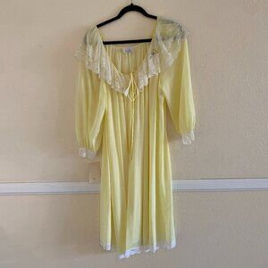 Vintage 90s Lucie Ann Buttercup Yellow Nylon Tulip & Lace Midi Nightgown, Med